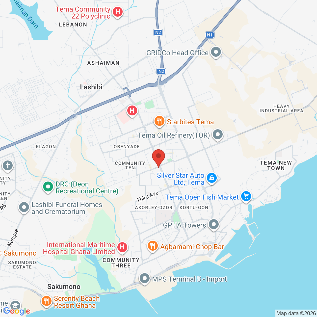 Google map image of our location in Plot No. 48, Vertical Sector, Hospital Road, (Sinel Hospital) Tema, 